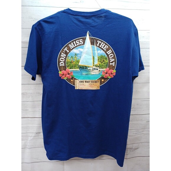 Vtg Blue T-Shirt Don't Miss the Boat Hibiscus Tropical Island Paradise Sz M - Picture 1 of 9